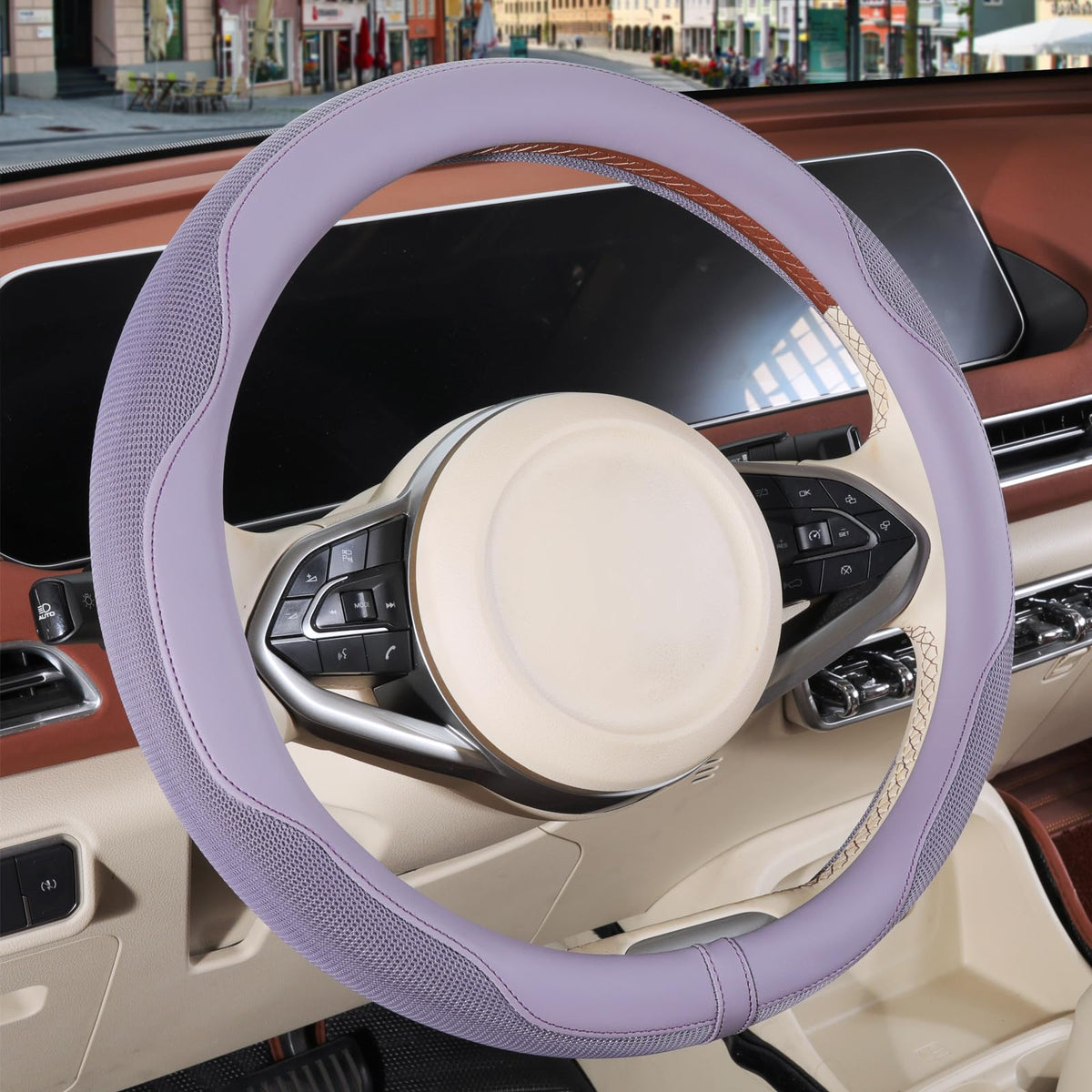 Nappa Leather Ice Silk Fabric Pink Steering Wheel Cover Women