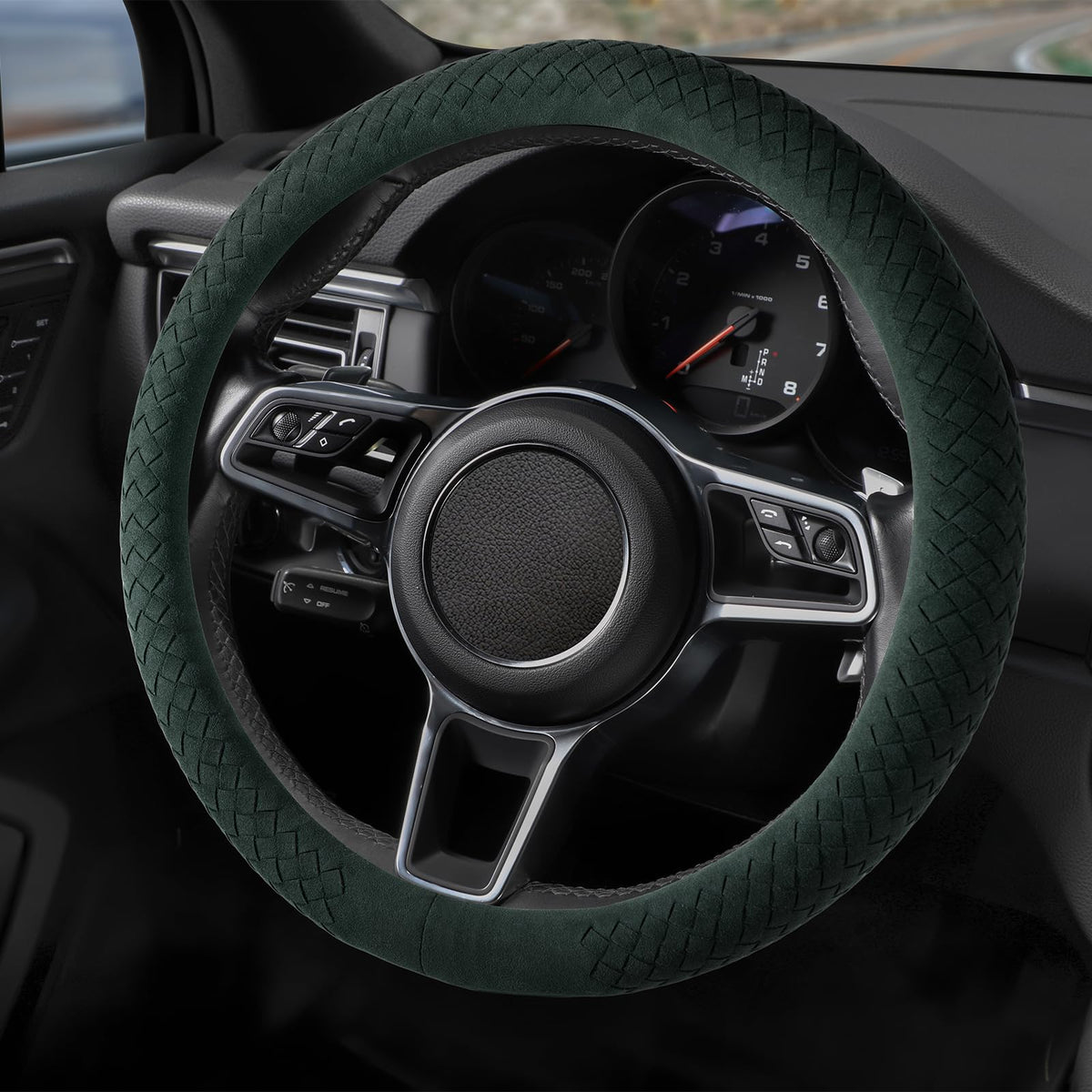Suede Steering Wheel Cover with Upgraded Silicone Inner Ring, Breathable, Anti-Slip, Leather Universal 14.5 to 15 Inch Steering Wheel Cover (Black with Red Mark)