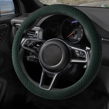 Suede Steering Wheel Cover with Upgraded Silicone Inner Ring, Breathable, Anti-Slip, Leather Universal 14.5 to 15 Inch Steering Wheel Cover (Black with Red Mark)