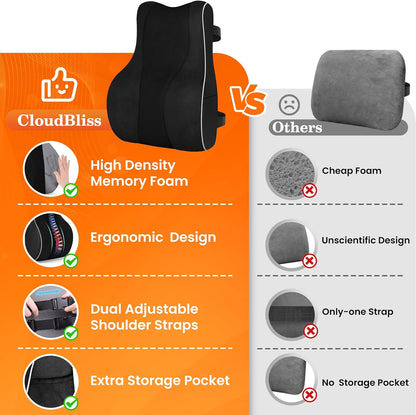 CloudBliss Lumbar Support Pillow, Memory Foam for Office Chair, Black