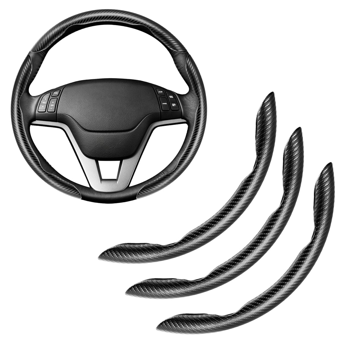 Amiss 3pcs Carbon Fiber Anti-Skid Steering Wheel Cover, Waterproof Design, Universal Fit for 14-16 Inch Car Wheel Cover, Interior Car Accessories for Jeeps, SUVs, Trucks (Glossy Black)