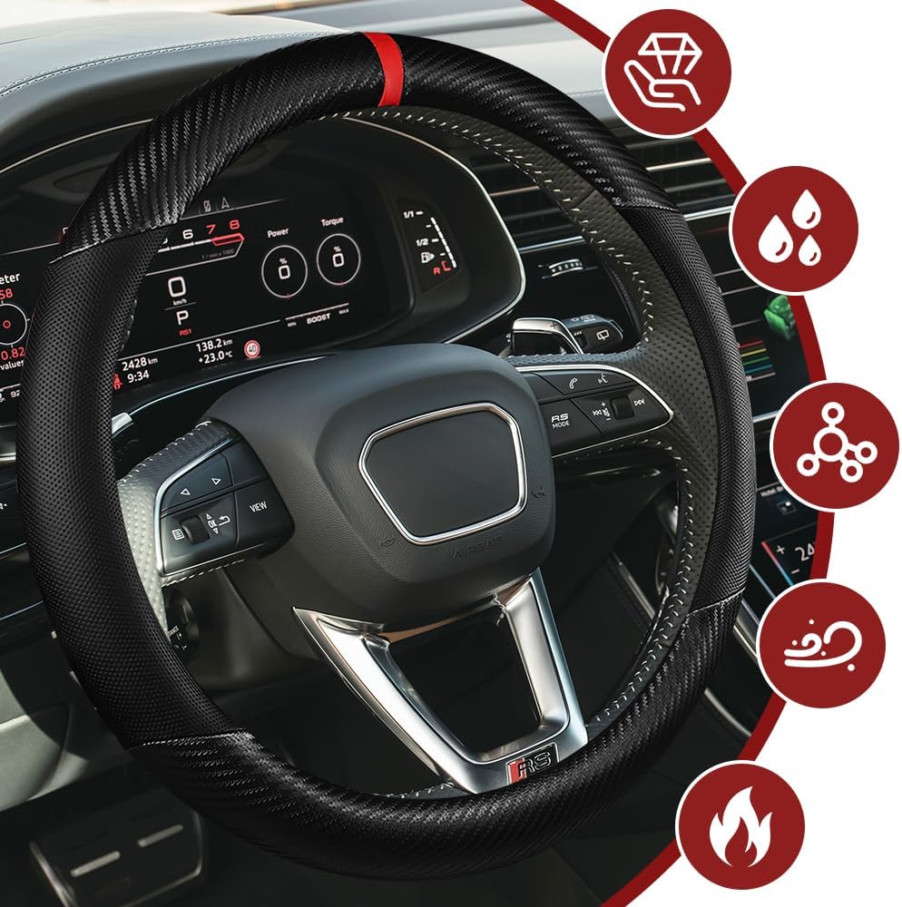 Car Steering Wheel Cover, Steering Wheel Accessories, 15 Inch Microfiber Leather Carbon Fiber Soft Anti-Slip Breathable, Car Accessories Elastic Non-Slip Cover for Most Vehicles