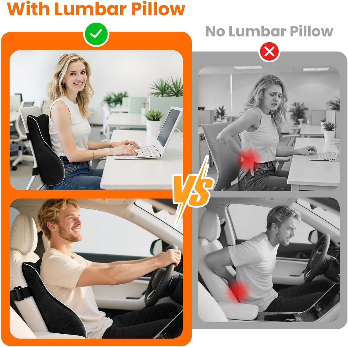 CloudBliss Lumbar Support Pillow, Memory Foam for Office Chair, Black