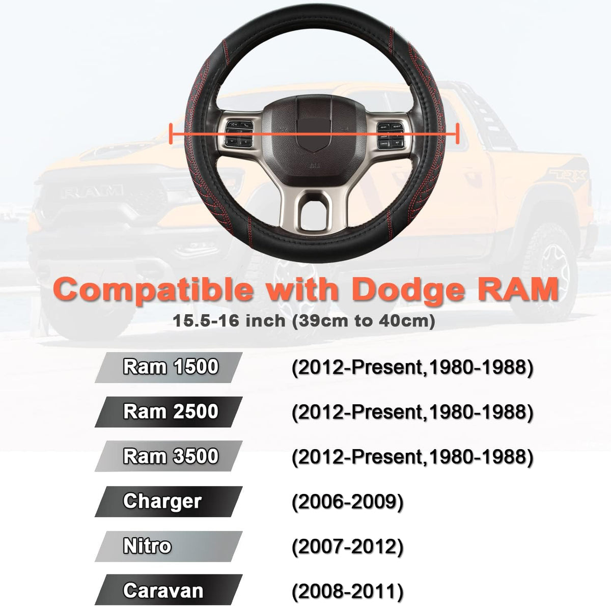 West Llama Customized Auto Car Steering Wheel Cover for Dodge RAM 1500 2500 3500, 15.5-16 inch (Diamond Quilted-Black+Red-Large Size)
