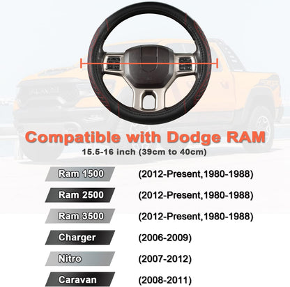 West Llama Customized Auto Car Steering Wheel Cover for Dodge RAM 1500 2500 3500, 15.5-16 inch (Diamond Quilted-Black+Red-Large Size)