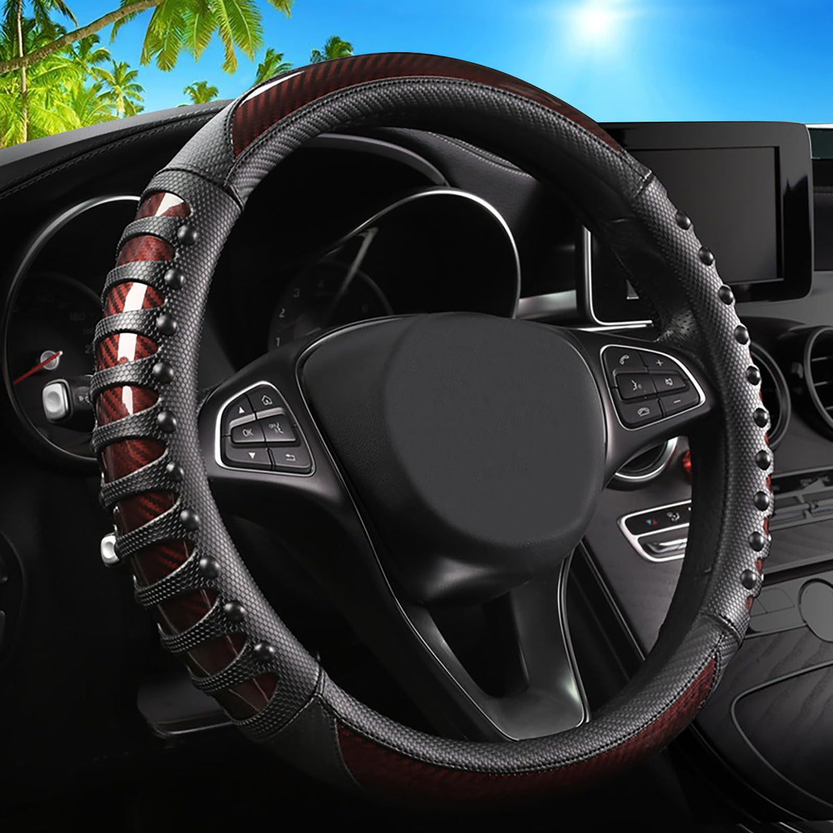 Blue Embroidery Butterfly Car Steering Wheel Cover,14.5-15 Inch Universal Leather Covers Breathable Anti-Slip Odorless Steering Wheels Accessories for Men Women