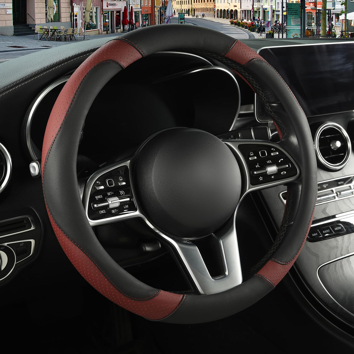 Black Orange Microfiber Leather Steering Wheel Cover 15 inch