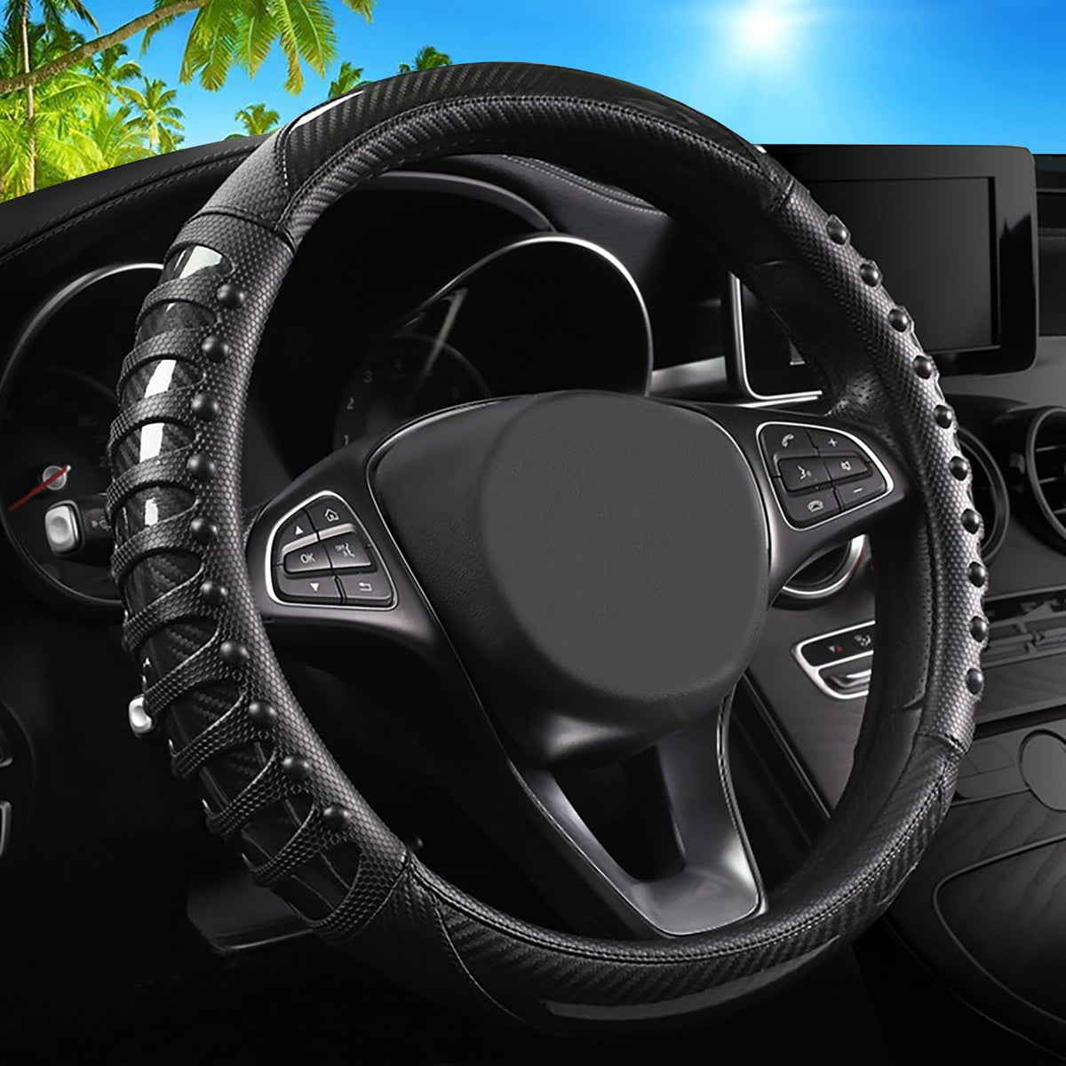 Blue Embroidery Butterfly Car Steering Wheel Cover,14.5-15 Inch Universal Leather Covers Breathable Anti-Slip Odorless Steering Wheels Accessories for Men Women