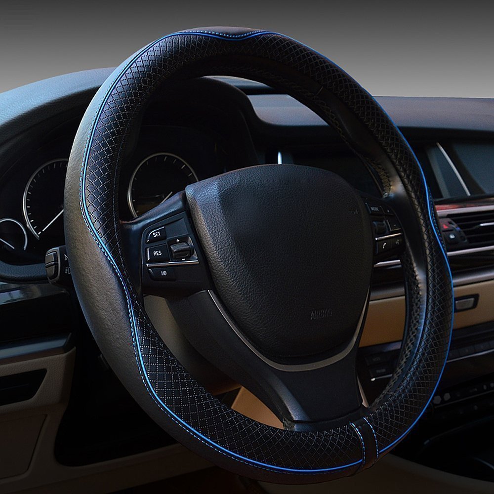 Car Steering Wheel Cover, Anti-Slip, Safety, Soft, Breathable, Heavy Duty, Thick, Full Surround, Sports Style (Black with Red line)