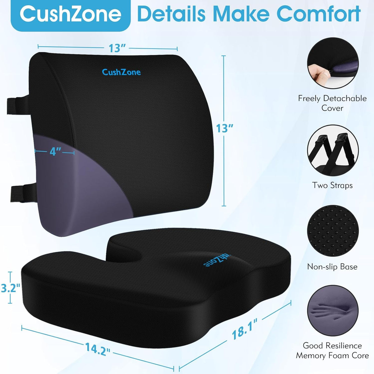 CushZone Seat Cushion and Lumbar Support Pillow for Office Chair, Black