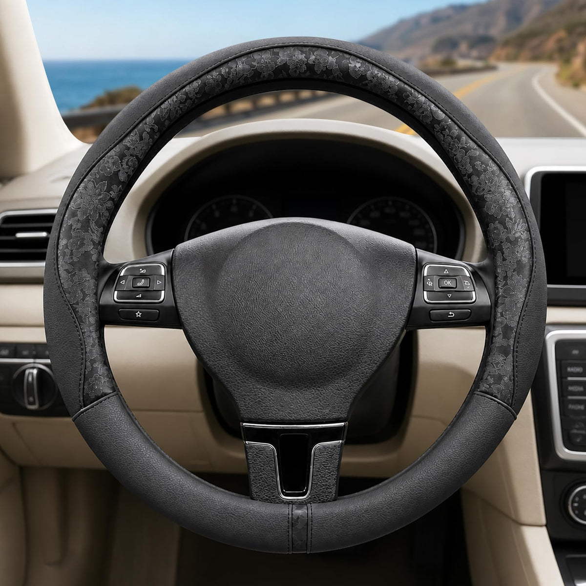 Blue Embroidery Butterfly Car Steering Wheel Cover,14.5-15 Inch Universal Leather Covers Breathable Anti-Slip Odorless Steering Wheels Accessories for Men Women