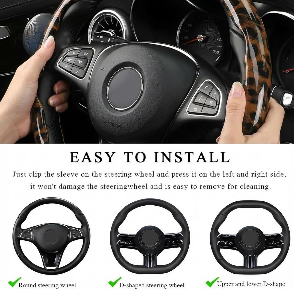 Leopard Print Steering Wheel Cover for Women, 2-Piece Snap-On