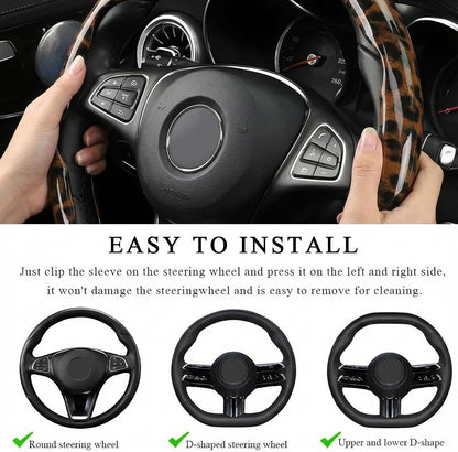 Leopard Print Steering Wheel Cover for Women, 2-Piece Snap-On
