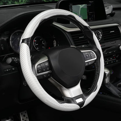 Amiss 3pcs Carbon Fiber Anti-Skid Steering Wheel Cover, Waterproof Design, Universal Fit for 14-16 Inch Car Wheel Cover, Interior Car Accessories for Jeeps, SUVs, Trucks (Glossy Black)