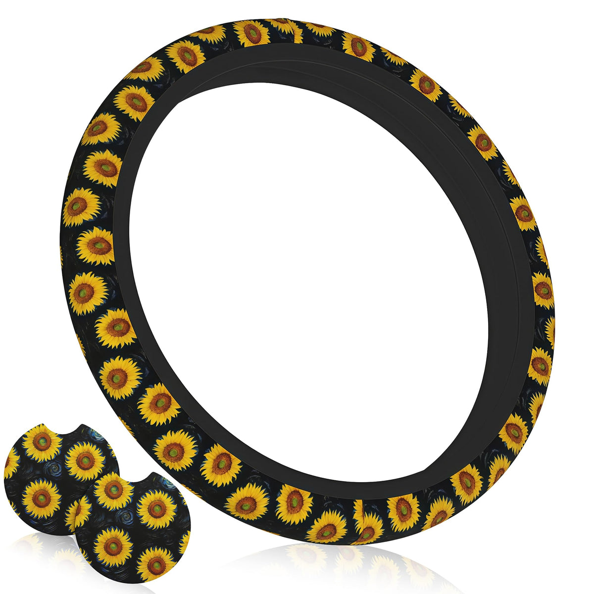 Wildflower Car Steering Wheel Cover 15 in, 2 Cute Floral Car Coasters
