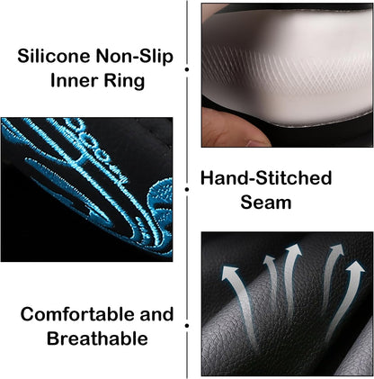 Blue Embroidery Butterfly Car Steering Wheel Cover,14.5-15 Inch Universal Leather Covers Breathable Anti-Slip Odorless Steering Wheels Accessories for Men Women