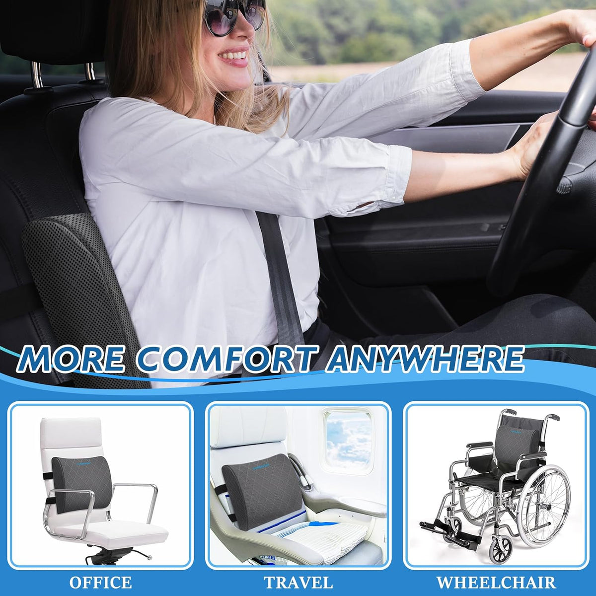 Lumbar Support Pillow for Office Chair, Back Support, Memory Foam, Grey