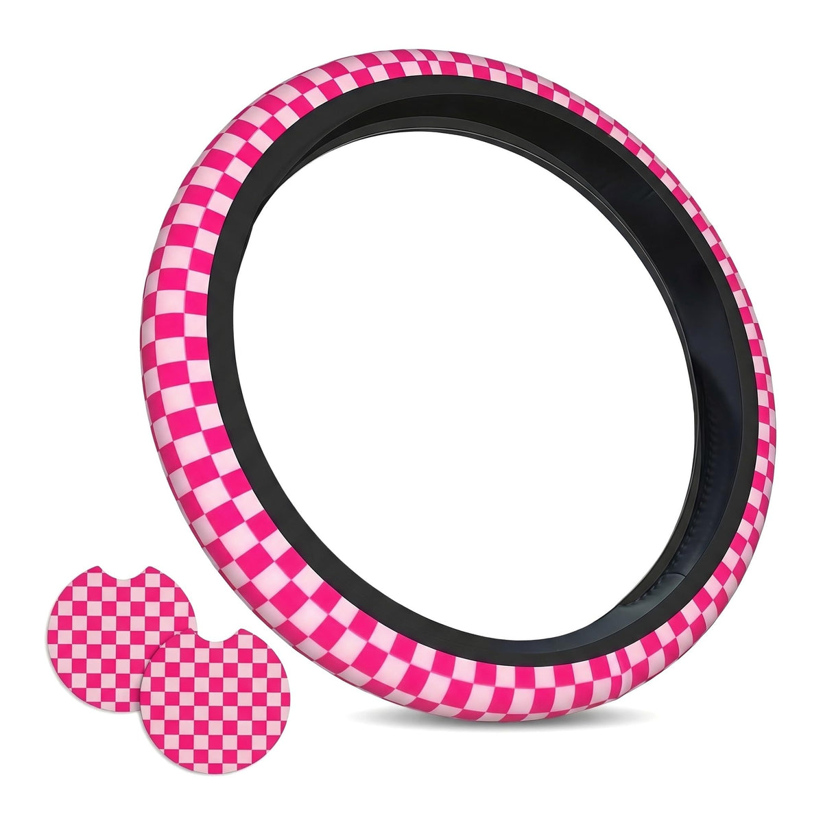 Checkered Black Brown Steering Wheel Cover 15 Inch Car + 2 pc Car Coasters