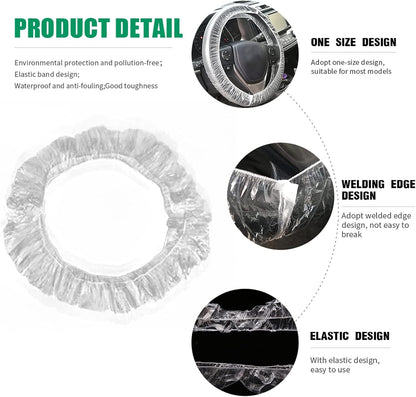 ICWEIMEI 500PCS Universal Disposable Steering Wheel Cover Plastic Transparent Car Steering Wheel Covers with Elastic Trims for Steering Wheels