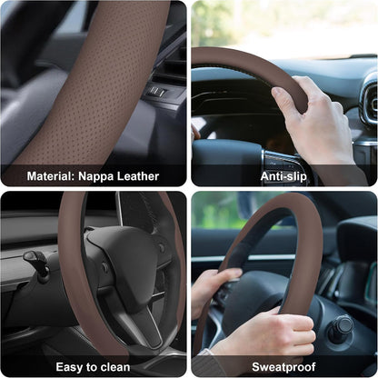 Frani Nappa Leather Steering Wheel Cover, 14.5-15 Inch,Cocoa Brown
