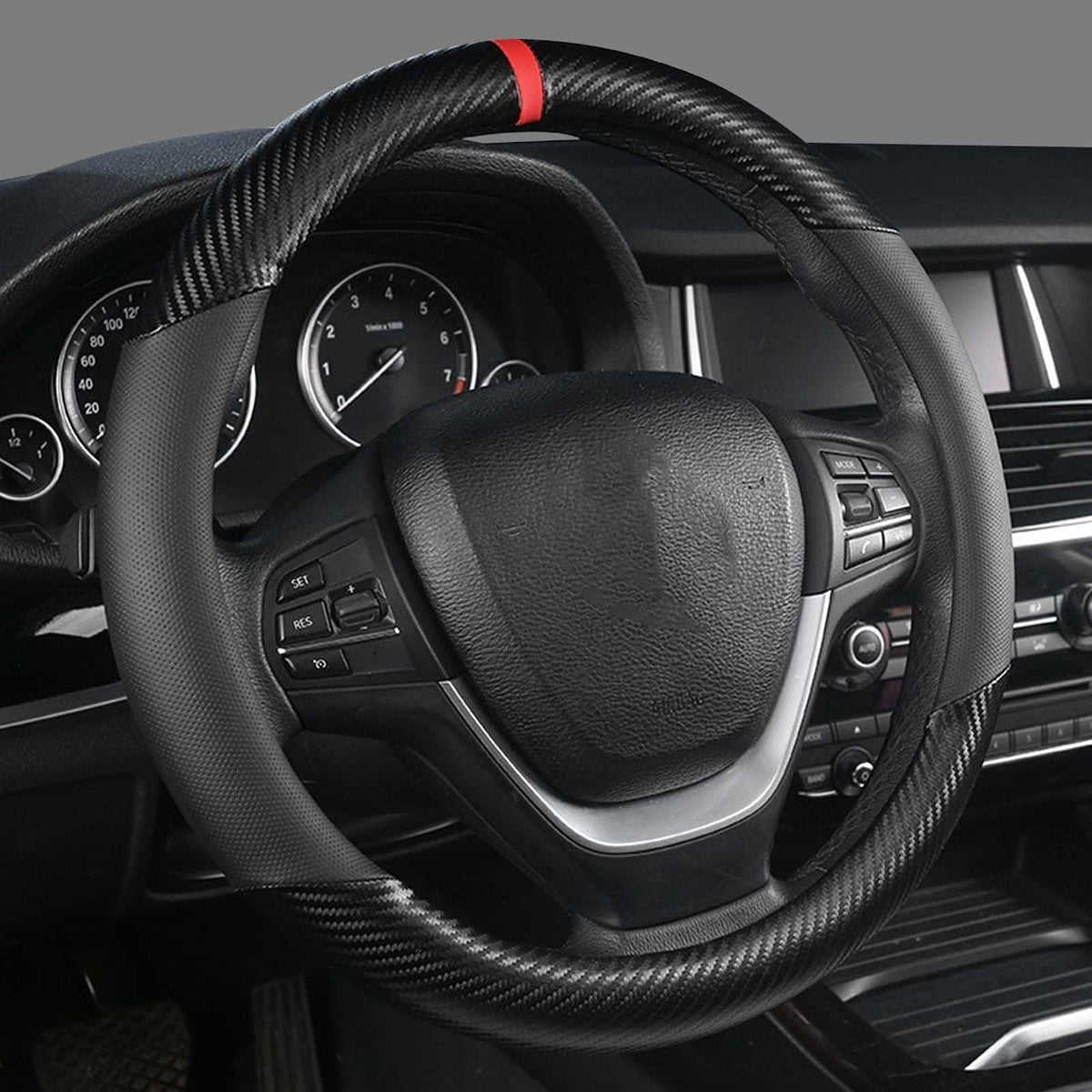 KAFEEK Carbon Fiber Steering Wheel Cover for Men, Car Accessories, Black