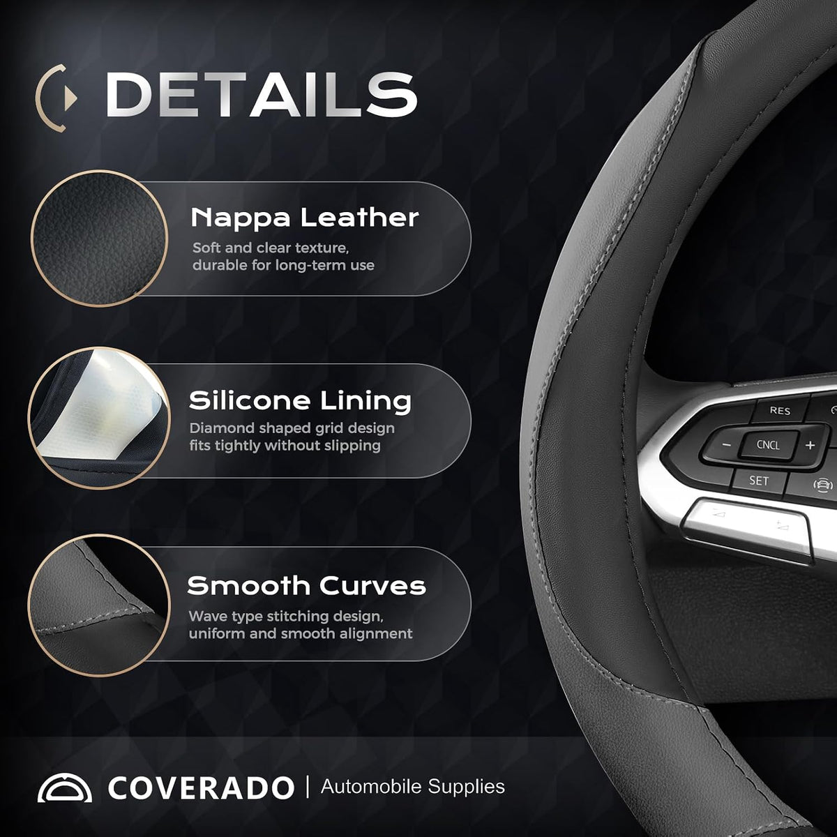 Coverado Car Steering Wheel Cover, Nappa Leather Black & Gray Steering Wheel Covers, Universal 14-15 inch, Anti-Slip, Breathable Steering Wheel Protector for Women Men