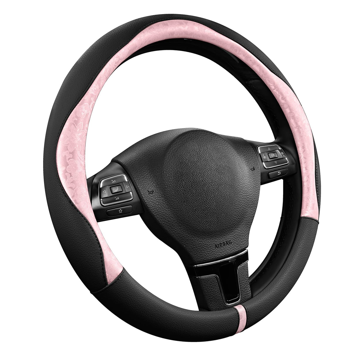 PIC AUTO Steering Wheel Cover, Green Patterned Leather Patchwork Design, Universal Fit 14.5"–15.5", Anti-Slip, Odor-Free, Soft PU Grain Leather, Durable Grip Car Accessory for Girls & Women