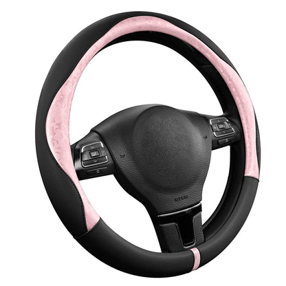 PIC AUTO Steering Wheel Cover, Green Patterned Leather Patchwork Design, Universal Fit 14.5"–15.5", Anti-Slip, Odor-Free, Soft PU Grain Leather, Durable Grip Car Accessory for Girls & Women