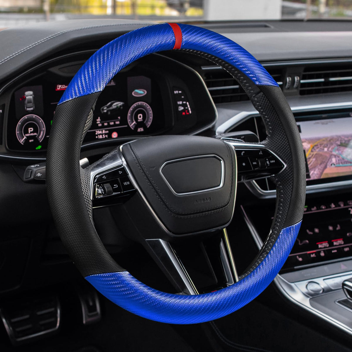 Car Steering Wheel Cover, Steering Wheel Accessories, 15 Inch Microfiber Leather Carbon Fiber Soft Anti-Slip Breathable, Car Accessories Elastic Non-Slip Cover for Most Vehicles