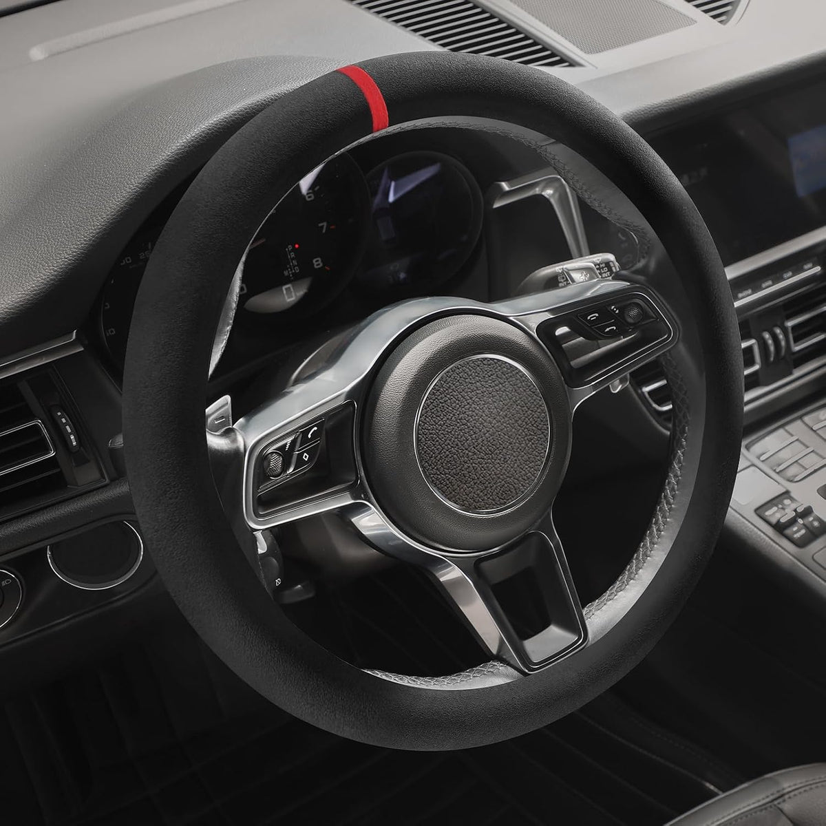 Suede Steering Wheel Cover with Upgraded Silicone Inner Ring, Breathable, Anti-Slip, Leather Universal 14.5 to 15 Inch Steering Wheel Cover (Black with Red Mark)
