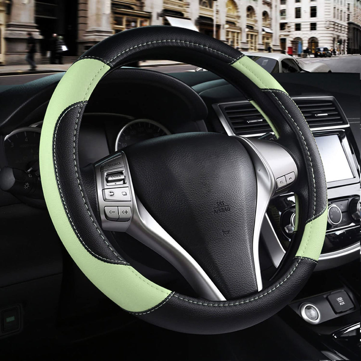 Leather Car Steering Wheel Cover, Universal Fit for Most Cars, Beige