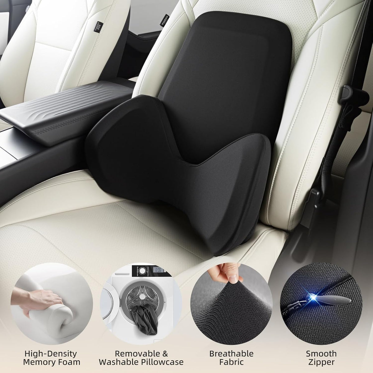 BEBAS Ergonomic Memory Foam Extended Lumbar Support Pillow for Car, Black