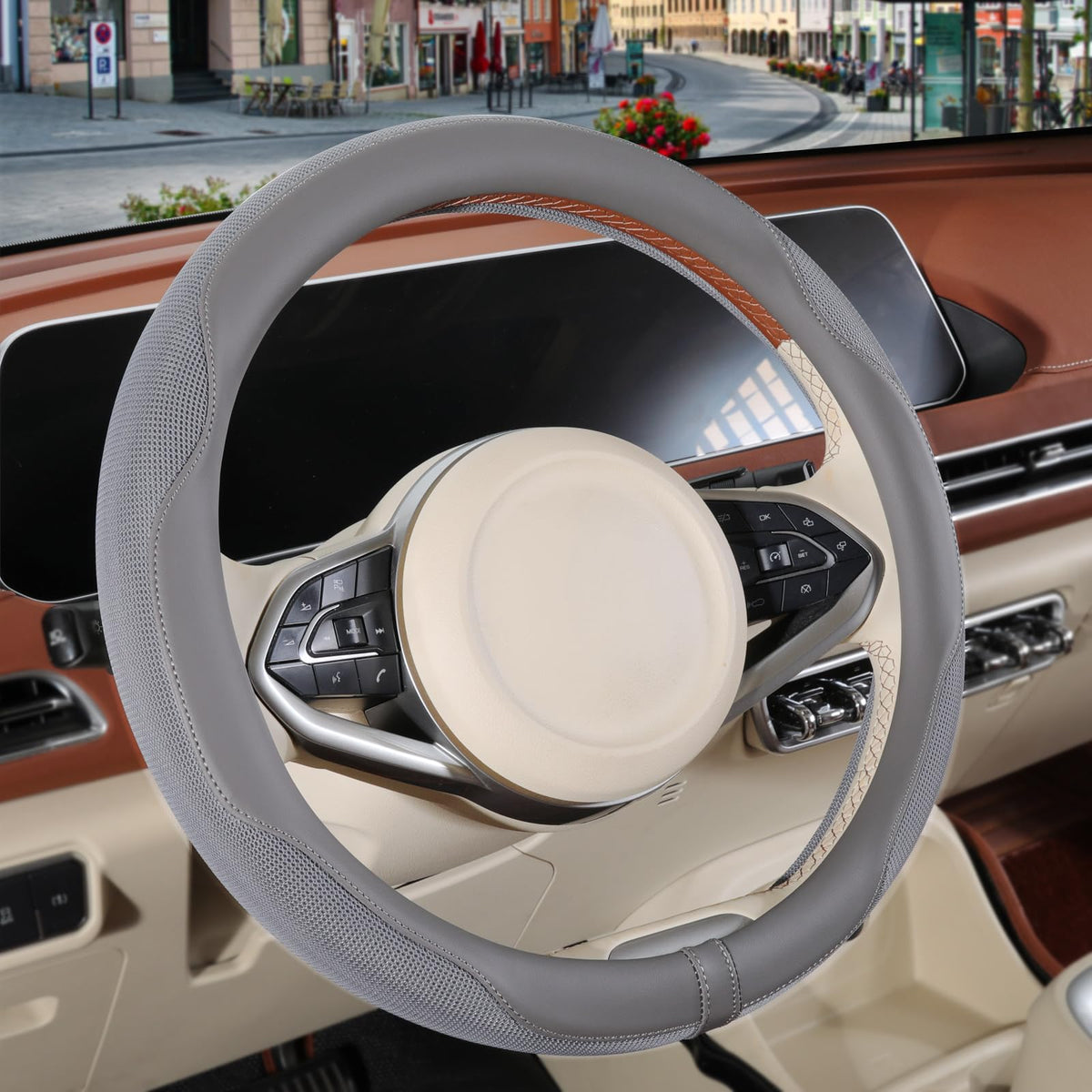 Nappa Leather Ice Silk Fabric Pink Steering Wheel Cover Women