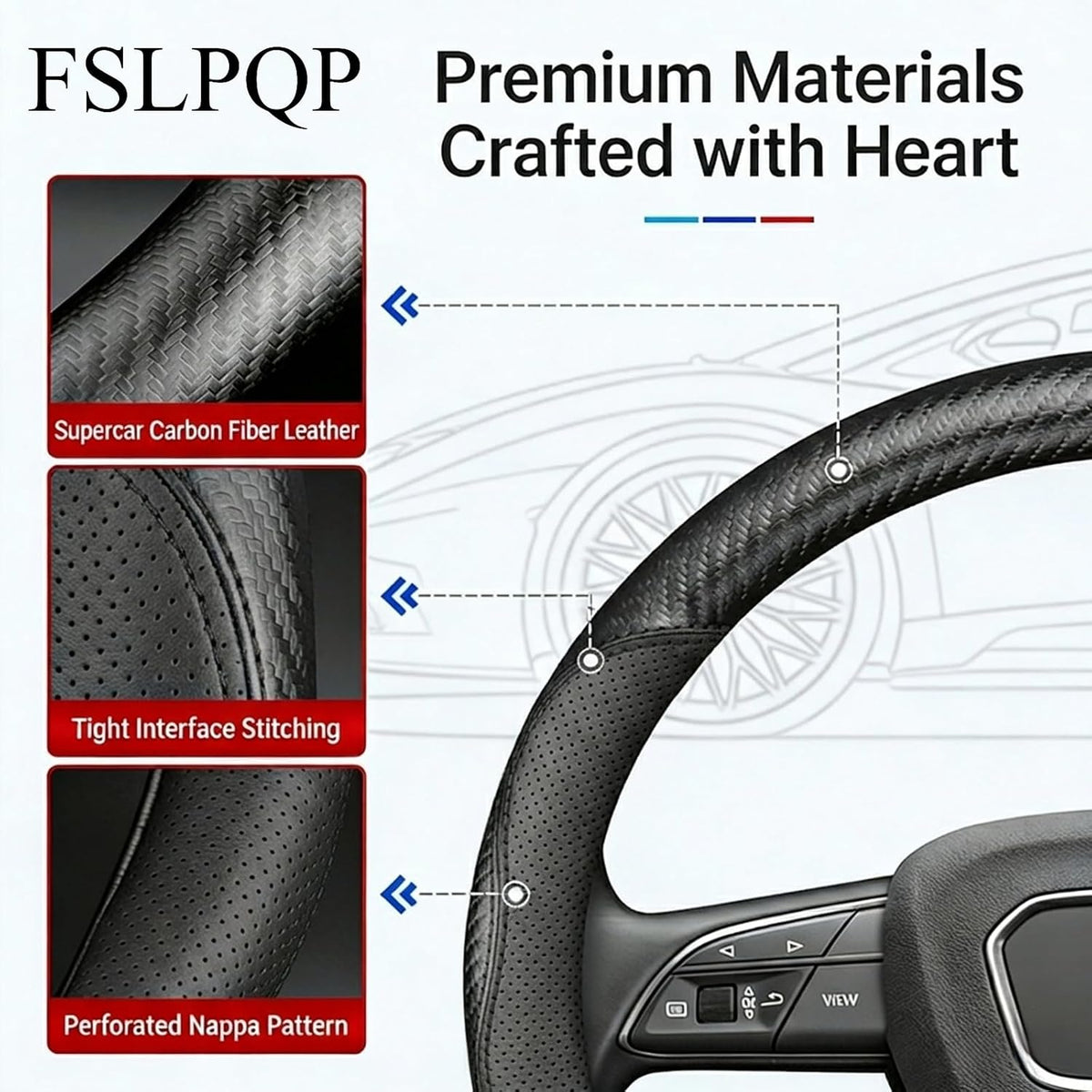 Microfiber Leather Steering Wheel Cover, Round Carbon Fiber Black Wire Trim, Leather Cover with Anti-Slip Lining, Universal 14.5"-15" Auto Accessory (Black)