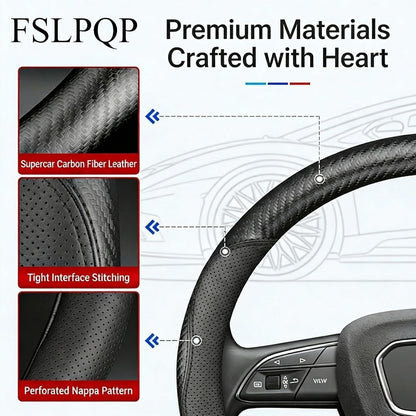 Microfiber Leather Steering Wheel Cover, Round Carbon Fiber Black Wire Trim, Leather Cover with Anti-Slip Lining, Universal 14.5"-15" Auto Accessory (Black)