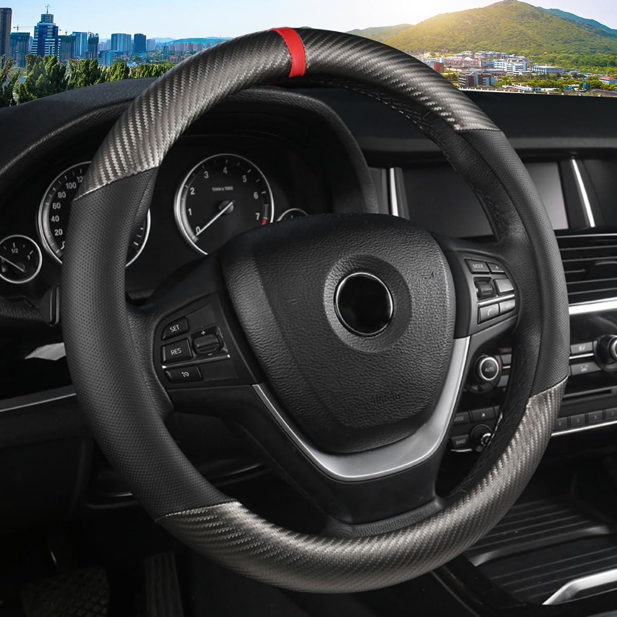 KAFEEK Carbon Fiber Steering Wheel Cover for Men, Car Accessories, Black