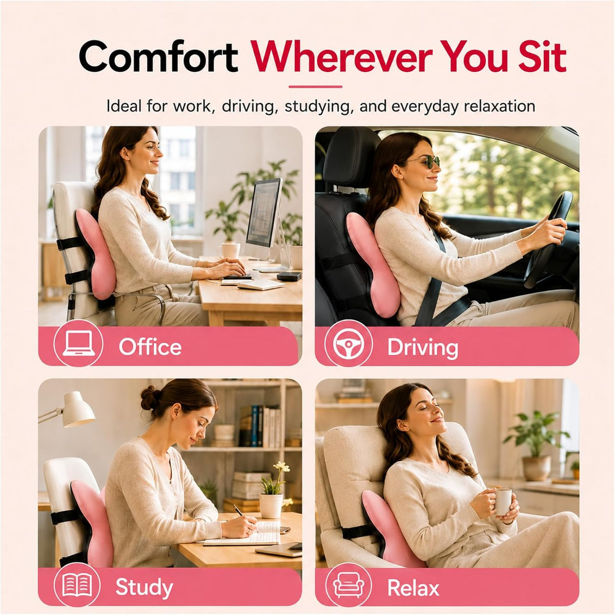 Memory Foam Lumbar Support Pillow,Back Support for Office Chair,Back Pillow for Chair,Ergonomic Lower Back Cushion for Desk Chair,Computer Chair,Gaming Chair and Car Seat,Washable Cover(Pink)