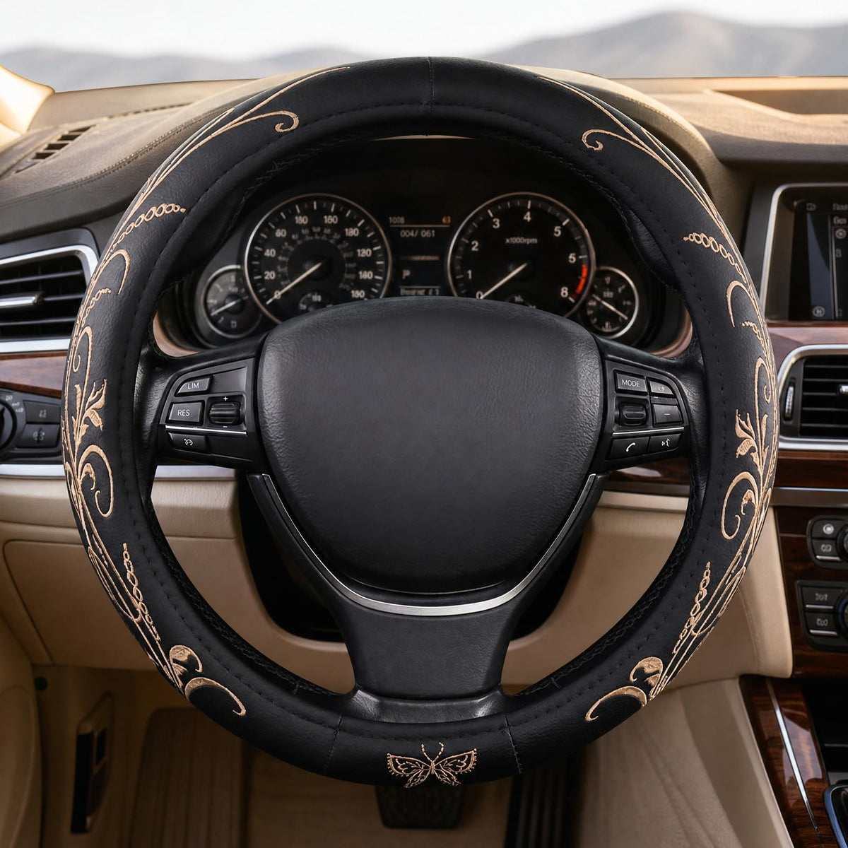 Blue Embroidery Butterfly Car Steering Wheel Cover,14.5-15 Inch Universal Leather Covers Breathable Anti-Slip Odorless Steering Wheels Accessories for Men Women