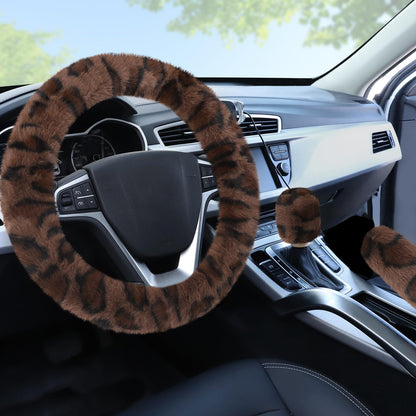 Accmor Fuzzy Car Steering Wheel Cover, Universal Fit Fur Auto Wheel Cover & Handbrake Cover & Gear Shift Cover Set, Leopard Warm Fluffy Vehicle Wheel Protector Car Accessories for Men Women (Brown)
