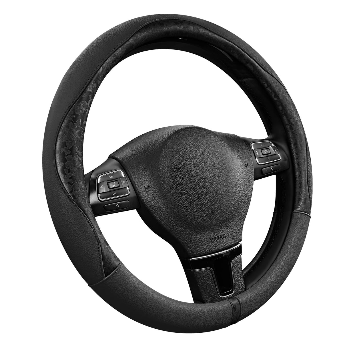 PIC AUTO Steering Wheel Cover, Green Patterned Leather Patchwork Design, Universal Fit 14.5"–15.5", Anti-Slip, Odor-Free, Soft PU Grain Leather, Durable Grip Car Accessory for Girls & Women