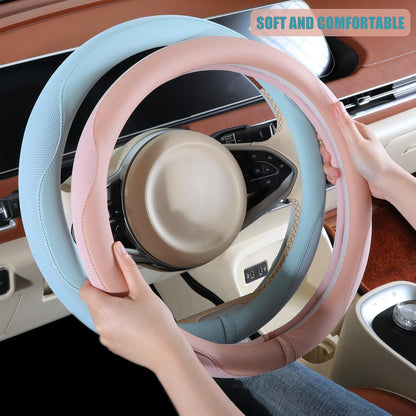 Nappa Leather Ice Silk Fabric Pink Steering Wheel Cover Women