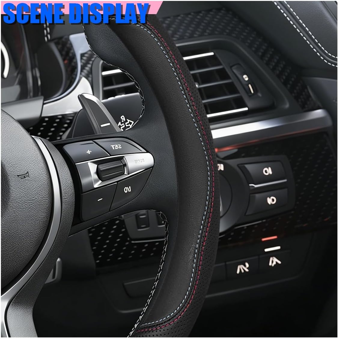 Craedli Black Dual-Line Nappa Leather Car Steering Wheel Cover 14.5-15 Inch