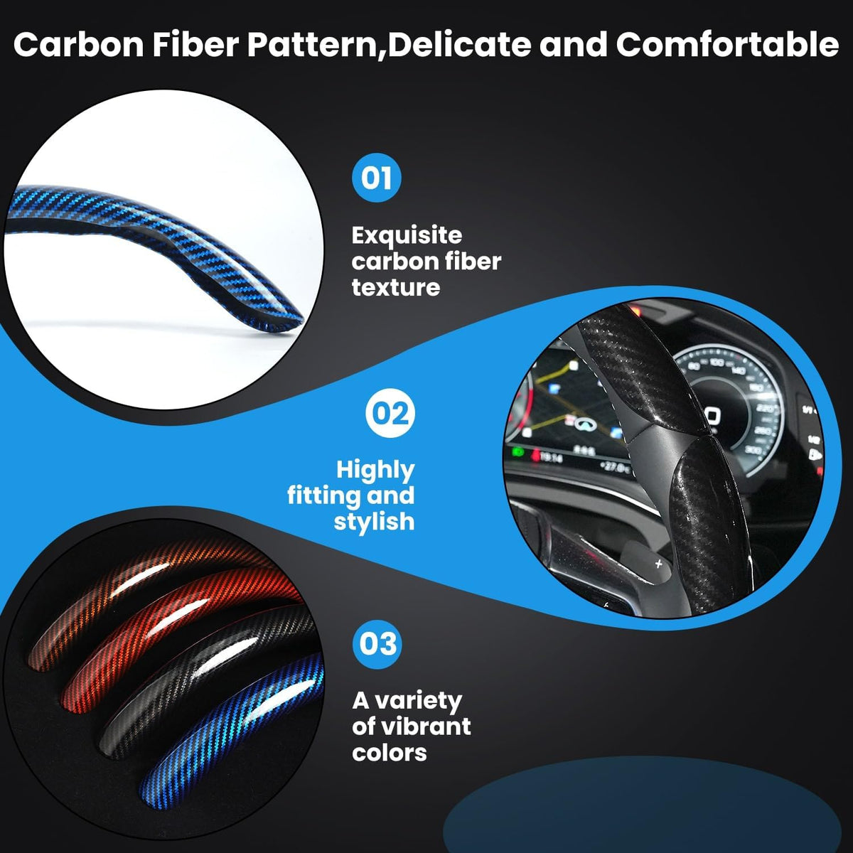 Hiseanllo Carbon Fiber Steering Wheel Cover 3PCS Set – Anti-Slip, Scratch-Resistant, Universal Fit for 14–16 Inch Wheels – Interior Car Accessories for Cars, SUVs, Trucks (Black)