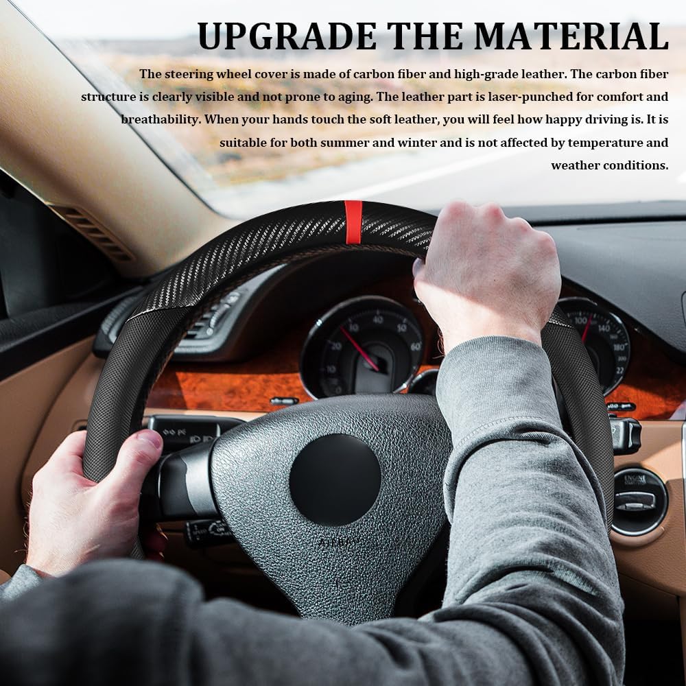 Car Steering Wheel Cover, Steering Wheel Accessories, 15 Inch Microfiber Leather Carbon Fiber Soft Anti-Slip Breathable, Car Accessories Elastic Non-Slip Cover for Most Vehicles