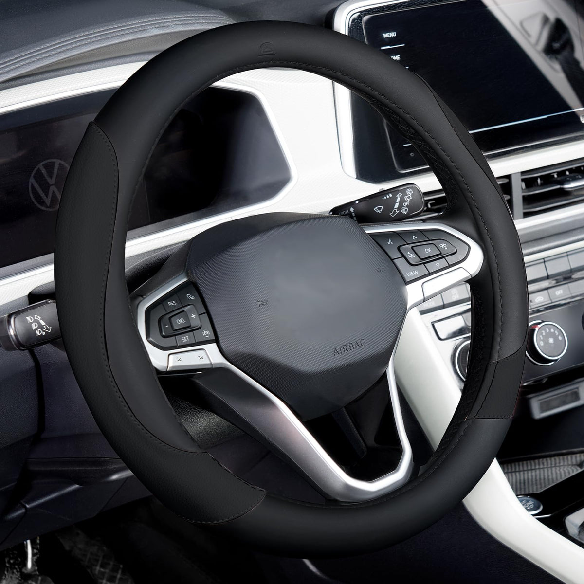 Coverado Car Steering Wheel Cover, Nappa Leather Black & Gray Steering Wheel Covers, Universal 14-15 inch, Anti-Slip, Breathable Steering Wheel Protector for Women Men