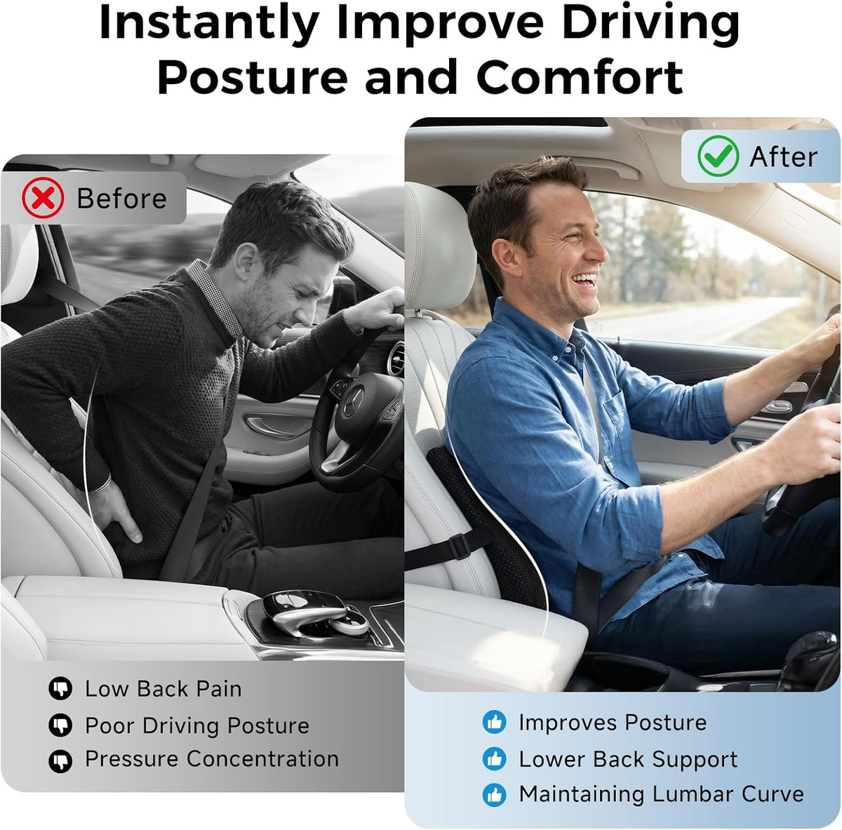 Lumbar Support Pillow for Car & Office Chair - High-Density Memory Foam Back Cushion for Sciatica & Lower Back Pain Relief - Non-Slip Support for Driving & Desk Workers