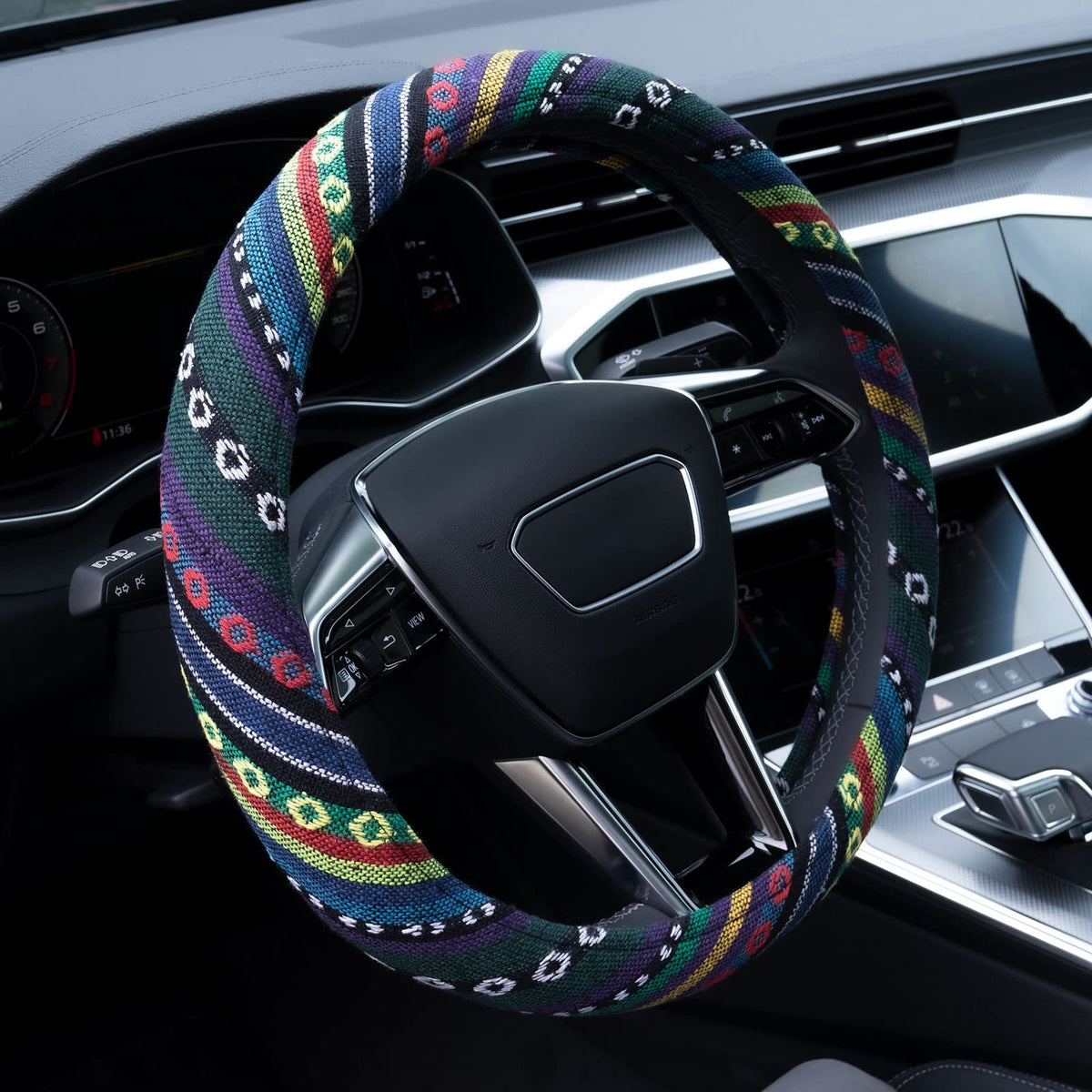 Boho Steering Wheel Cover Elastic Microfiber for Women, Universal Fit 15 inch Car SUV, Hippie Style Protector Cover, Anti-Slip, Breathable, Absorbing Sweat - 01