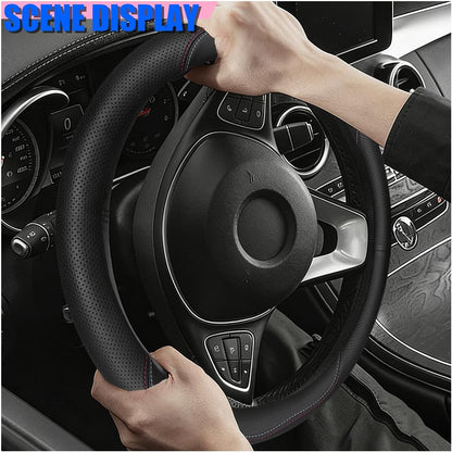 Craedli Black Dual-Line Nappa Leather Car Steering Wheel Cover 14.5-15 Inch