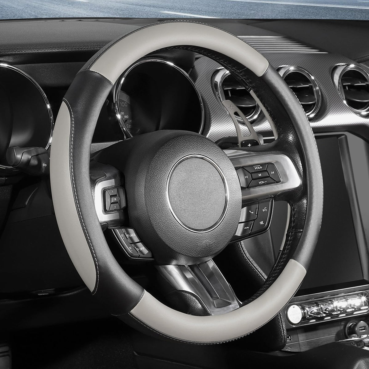 SEG Direct Steering Wheel Cover 14.5-15 inch Heavy-Duty, Black and Beige