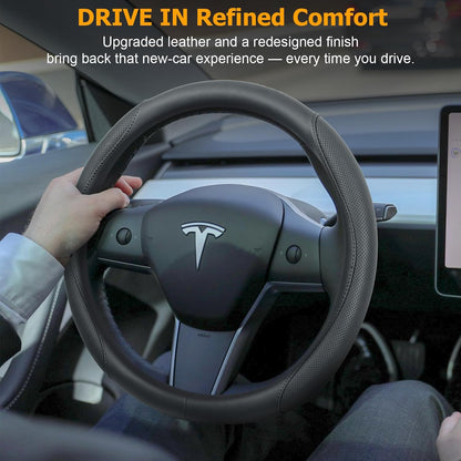 Ouzorp Nappa Leather Steering Wheel Cover for Tesla Model 3 2016-2025 Highland and Model Y 2020-2026 Juniper with Anti-Slip & Breathable Surface-Black